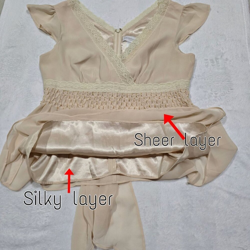 Liz Claiborne ✦ Cream Lace Chiffon Wrap Top ✦ Smocked Tie Back Vintage Style 6 - Picture 12 of 14
